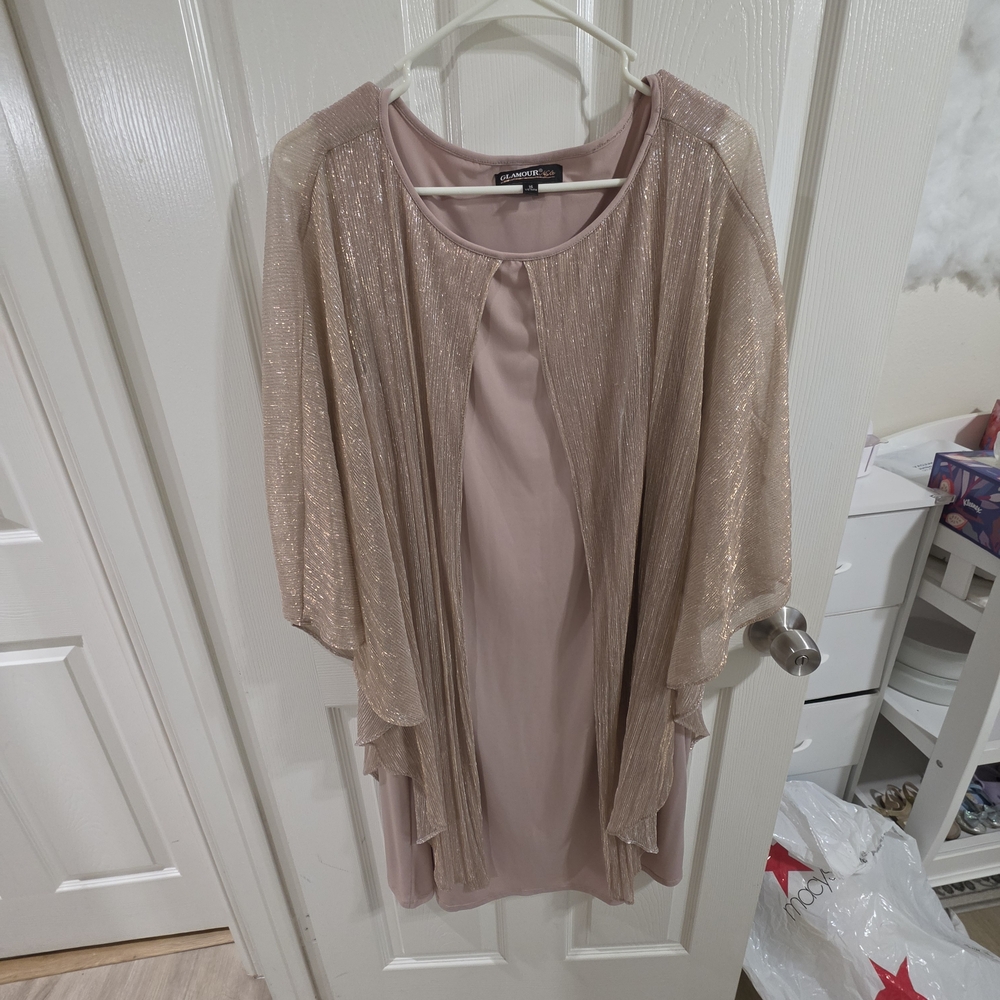 Glamour Rose Gold Layered Dress with Shimmer Open Jacket